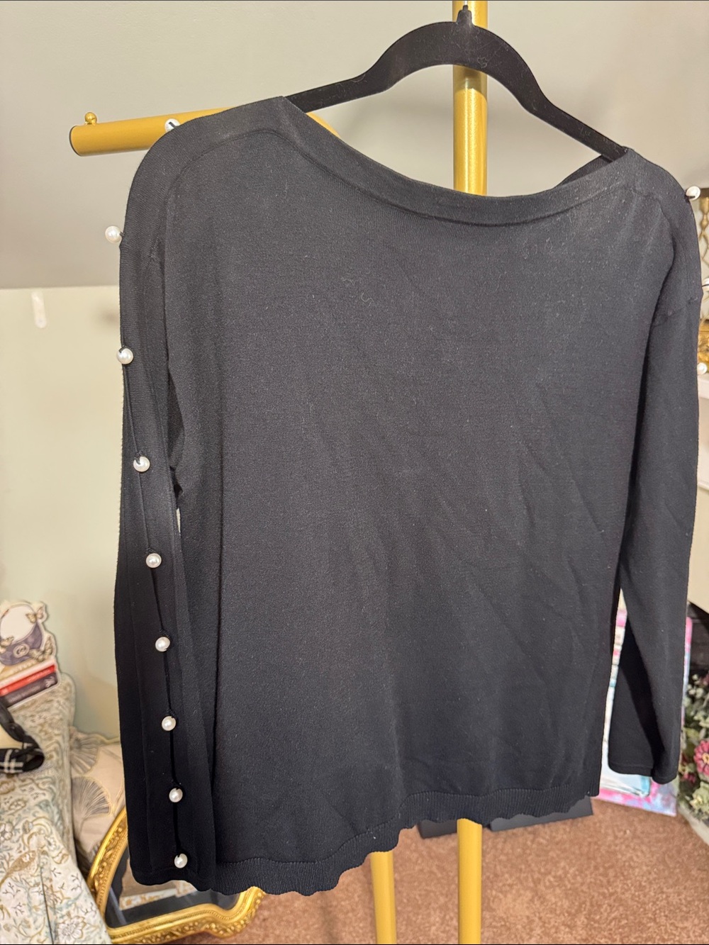 Talbots Women's Black Long-Sleeve Pearl-Accent Sweater GUC
